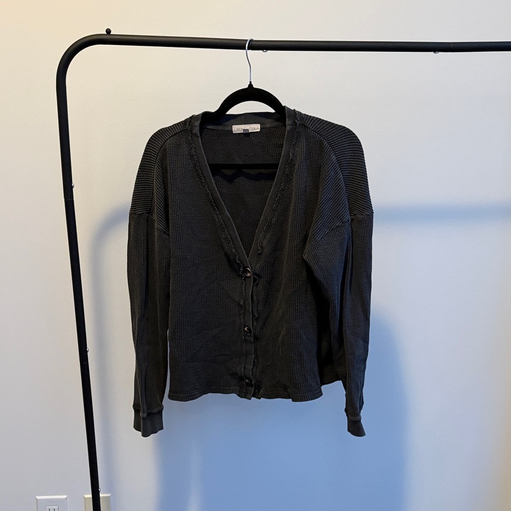 Black Long Sleeve Waffle Cardigan